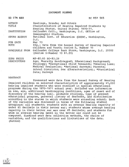 TITLE INSTITUTION SPONS AGENCY PUB LATE AVAILABLE from EDRS PRICE DOCUMENT RESUME EC 051 565 Rawlings, Brenda; and Others Charac