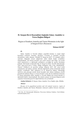 II. Sargon Devri Kaynakları Işığında Güney Anadolu Ve Toros Dağları Bölgesi