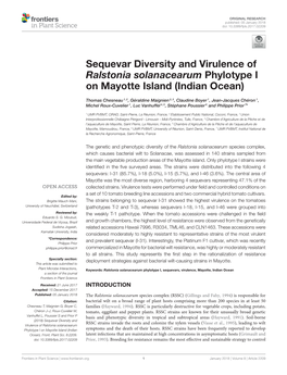 Sequevar Diversity and Virulence of Ralstonia Solanacearum Phylotype I on Mayotte Island (Indian Ocean)