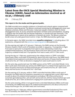 Latest from the OSCE Special Monitoring Mission to Ukraine (SMM), Based on Information Received As of 19:30, 1 February 2018 | OSCE