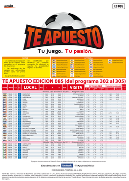 TE APUESTO EDICION 085 (Del Programa 302 Al 305) OPCION DOBLE MENOS/MAS GOLES Result