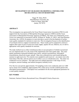 Development of Use-Based Chlorophyll Criteria for Recreational Uses of Reservoirs