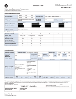 FTA WMATA Safety Oversight Inspection Reports April 2017