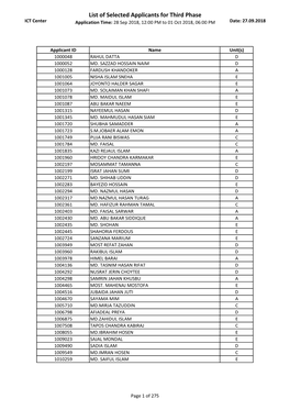 List of Selected Applicants for Third Phase ICT Center Application Time: 28 Sep 2018, 12:00 PM to 01 Oct 2018, 06:00 PM Date: 27.09.2018