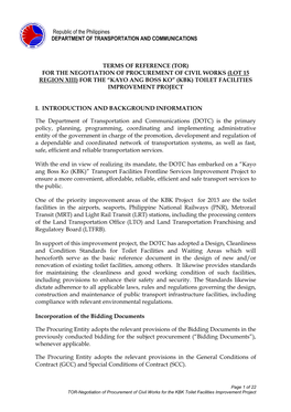 Republic of the Philippines DEPARTMENT of TRANSPORTATION and COMMUNICATIONS TERMS of REFERENCE (TOR) for the NEGOTIATION OF