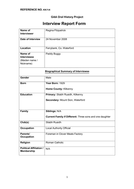 GAA Oral History Project Interview Report Form