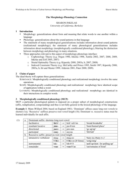 The Morphology-Phonology Connection SHARON INKELAS University of California, Berkeley 1 Introduction • Morphology: Generalizat