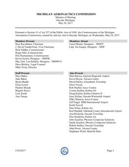 MICHIGAN AERONAUTICS COMMISSION Minutes of Meeting Oscoda, Michigan May 24, 2017