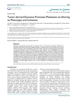 Tumor-Derived Exosome Promotes Metastasis Via Altering Its