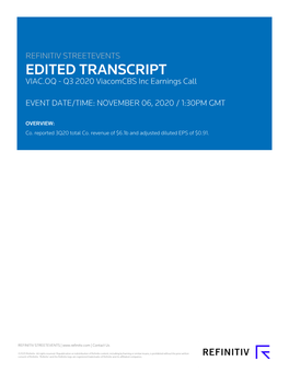 Q3 2020 Viacomcbs Inc Earnings Call on November 06, 2020 / 1:30PM