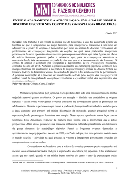 Uma Análise Sobre O Discurso Inscrito Nos Corpos Das Crossplayers Brasileiras