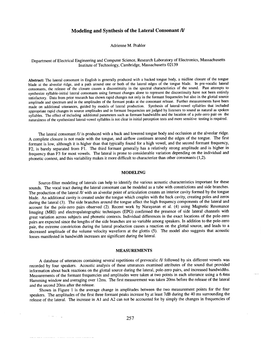 Modeling and Synthesis of the Lateral Consonant