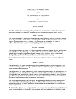 MEMORANDUM of UNDERSTANDING Between the DEPARTMENT of the INTERIOR and the ILLINOIS NATIONAL GUARD Article I. Purpose This Memo