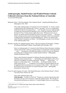 Anthroposophy, Rudolf Steiner and Waldorf/Steiner Schools Collected References from the National Library of Australia an Annotated Bibliography