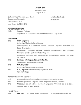 Curriculum Vitae August 2020 California State University, Long