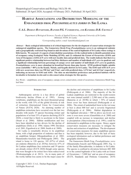 Habitat Associations and Distribution Modeling of the Endangered Frog Pseudophilautus Zorro in Sri Lanka