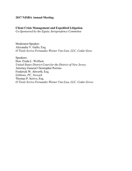 2017 NJSBA Annual Meeting Client Crisis Management and Expedited Litigation Co-Sponsored by the Equity Jurisprudence Committee M