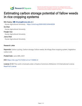 Estimating Carbon Storage Potential of Fallow Weeds in Rice Cropping Systems