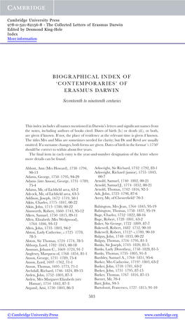 BIOGRAPHICAL INDEX of 'CONTEMPORARIES' of ERASMUS DARWIN Seventeenth to Nineteenth Centuries