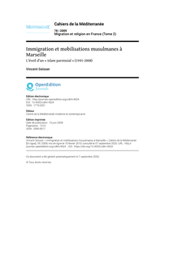 Cahiers De La Méditerranée, 78 | 2009 Immigration Et Mobilisations Musulmanes À Marseille 2