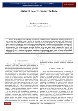 Status of Laser Technology in India