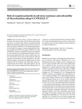 Role of Exopolysaccharide in Salt Stress Resistance and Cell Motility of Mesorhizobium Alhagi CCNWXJ12–2T