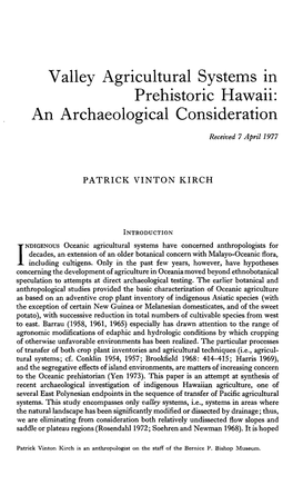 Valley Agricultural Systems in Prehistoric Hawaii: an Archaeological Consideration