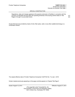 Frontier Telephone Companies TARIFF FCC NO. 7 3Rd Revised Title Page 1 Cancels 2Nd Revised Title Page 1 SPECIAL CONSTRUCTION