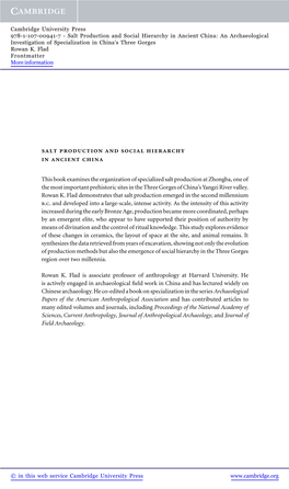 Salt Production and Social Hierarchy in Ancient China: an Archaeological Investigation of Specialization in China’S Three Gorges Rowan K