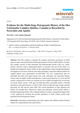 Evidence for the Multi-Stage Petrogenetic History of the Oka Carbonatite Complex (Québec, Canada) As Recorded by Perovskite and Apatite