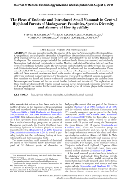 The Fleas of Endemic and Introduced Small Mammals in Central Highland Forests of Madagascar: Faunistics, Species Diversity, and Absence of Host Specificity