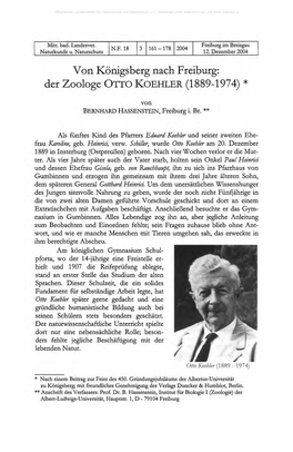 Von Königsberg Nach Freiburg: Der Zoologe OTTO KOEHLER (1 889-1974) *