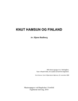 Knut Hamsun Og Finland : Masteroppgave