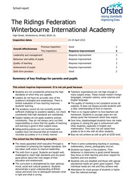 The Ridings Federation Winterbourne International Academy High Street, Winterborne, Bristol, BS36 1JL