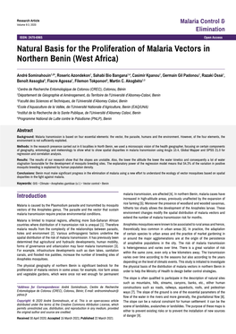 Natural Basis for the Proliferation of Malaria Vectors in Northern Benin (West Africa)