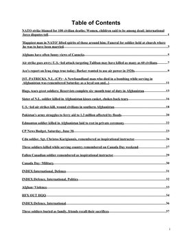 Table of Contents NATO Strike Blamed for 100 Civilian Deaths; Women, Children Said to Be Among Dead; International Force Disputes Toll