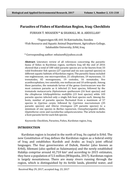 Parasites of Fishes of Kurdistan Region, Iraq: Checklists