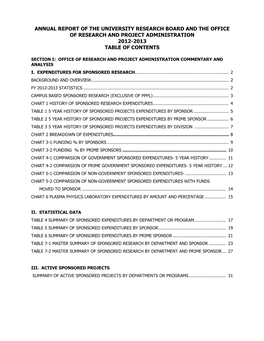 Annual Report of the University Research Board and the Office of Research and Project Administration 2012-2013 Table of Contents