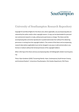 Screaming Silently: Haan, Contemporary South Korean Cinema, and Emotional Realism", University of Southampton, Film Studies Department, Phd Thesis