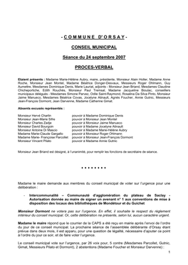 Procès-Verbal De La Séance Du 25 Juin 2007 Est Approuvé À L’Unanimité