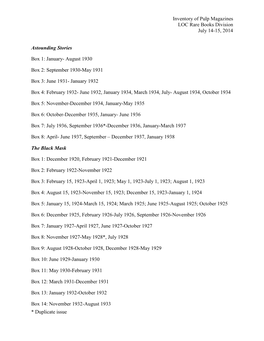 Inventory of Pulp Magazines LOC Rare Books Division July 14-15, 2014 * Duplicate Issue Astounding Stories Box 1: January- August