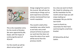 This Is the Newsletter Entry for the Month of October. We Were