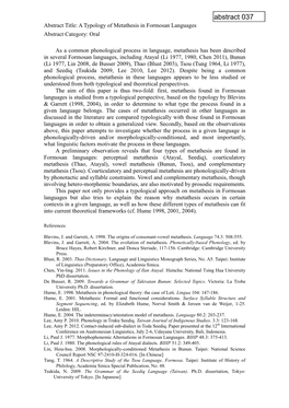 Abstract Title: a Typology of Metathesis in Formosan Languages Abstract Category: Oral