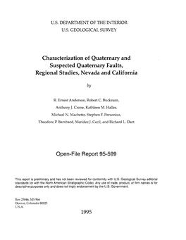 Characterization of Quaternary and Suspected Quaternary Faults, Regional Studies, Nevada and California