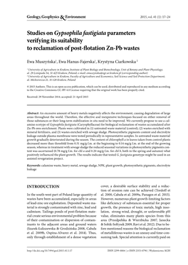 Studies on Gypsophila Fastigiata Parameters Verifying Its Suitability to Reclamation of Post-Fl Otation Zn-Pb Wastes