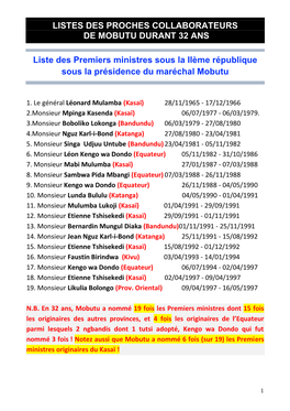 Listes Des Proches Collaborateurs De Mobutu Durant 32 Ans