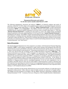 Management Discussion and Analysis for the Three and Six Months Ended March 31, 2020