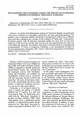 Phylogenetic Relationships Among the Species of Panthiades Hubner (Lycaenidae: Theclinae: Eumaein1)