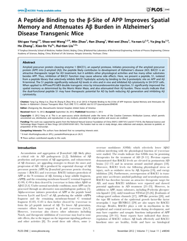 A Peptide Binding to the B-Site of APP Improves Spatial Memory and Attenuates Ab Burden in Alzheimer's Disease Transgenic Mice