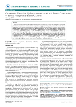 Carotenoids, Phenolics, Hydroxycinnamic Acids and Tannin Composition of Salacia Senegalensis (Lam) DC Leaves Adumanya OCU* Department of Science Laboratory Tech